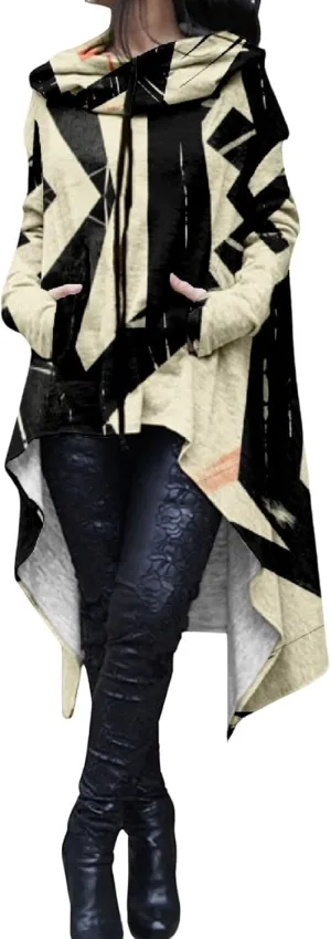 Womens Hoodies Cloak Oversized Aztec Fall High Low Pullover Robe Poncho Shirt Dress Hooded Sweatshirt with Pocket