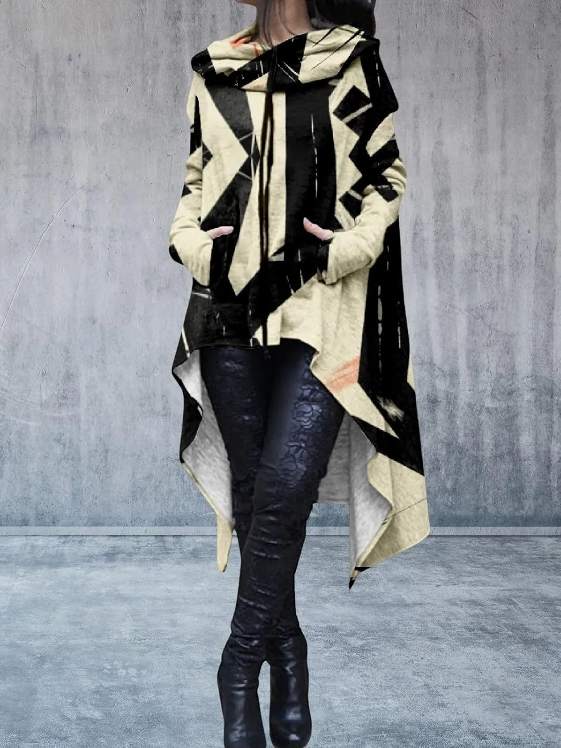 Womens Hoodies Cloak Oversized Aztec Fall High Low Pullover Robe Poncho Shirt Dress Hooded Sweatshirt with Pocket
