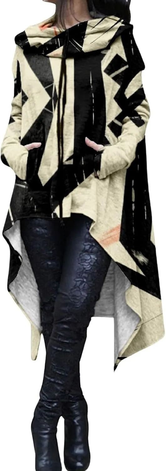 Womens Hoodies Cloak Oversized Aztec Fall High Low Pullover Robe Poncho Shirt Dress Hooded Sweatshirt with Pocket
