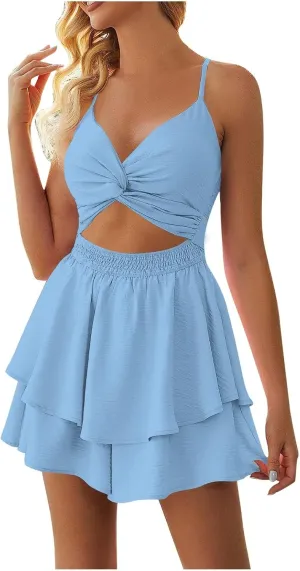 Women's Jumpsuit Sexy Neck Spaghetti Straps Double Layer Ruffle Hem Mini Short Romper Womens Summer Dresses with