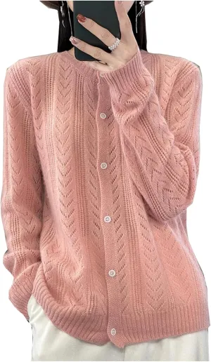 Womens Lightweight Wool Sweater Long Sleeve Button Down Crew Neck Casual Loose Knit Cardigan Coat