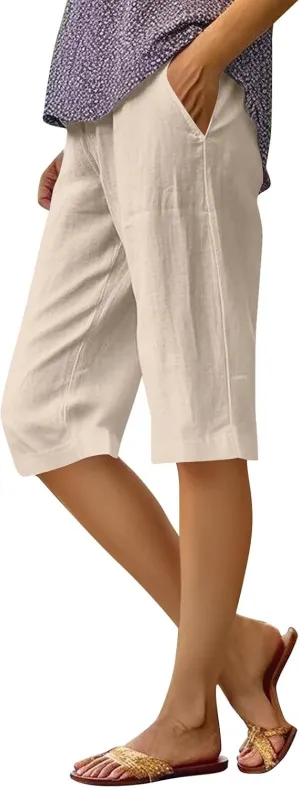 Womens Linen Tapered Capri Pants Plus Size Solid Color Cotton Linen Casual Summer 2025 Straight Leg Cropped Trouser