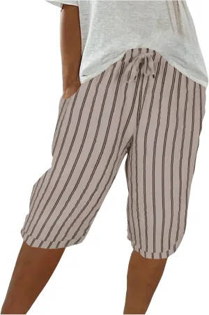 Womens Linen Wide Leg Pants Loose High Waisted Drawstring Baggy Beach Trousers Casual Bermuda Shorts with Pockets