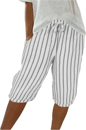 Womens Linen Wide Leg Pants Loose High Waisted Drawstring Baggy Beach Trousers Casual Bermuda Shorts with Pockets