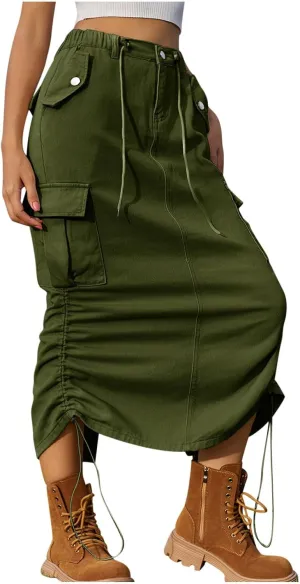 Women's Long Denim Skirt High Waist Split Jean Adjustable Drawstring A-Line Midi Y2K Cargo Skirt with Flap Pockets