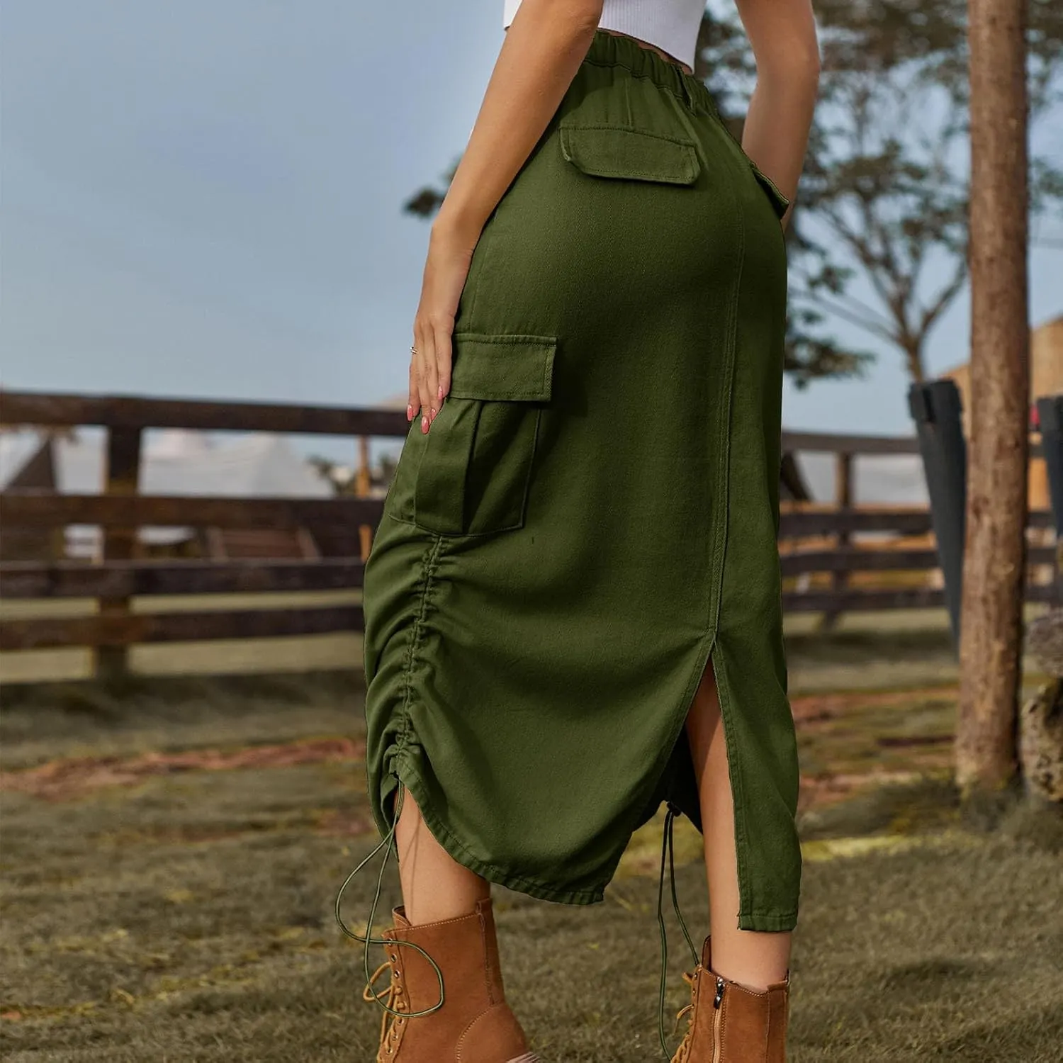 Women's Long Denim Skirt High Waist Split Jean Adjustable Drawstring A-Line Midi Y2K Cargo Skirt with Flap Pockets