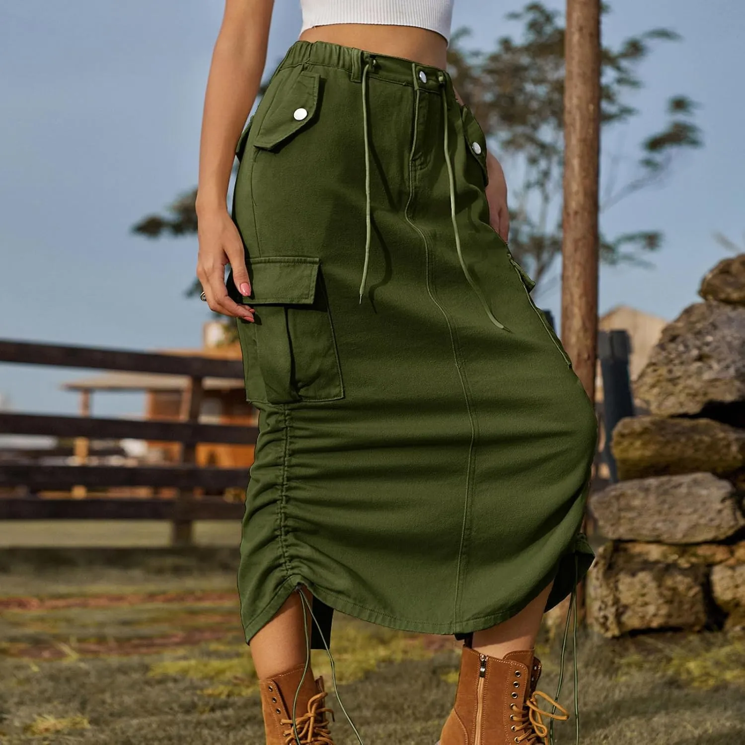 Women's Long Denim Skirt High Waist Split Jean Adjustable Drawstring A-Line Midi Y2K Cargo Skirt with Flap Pockets