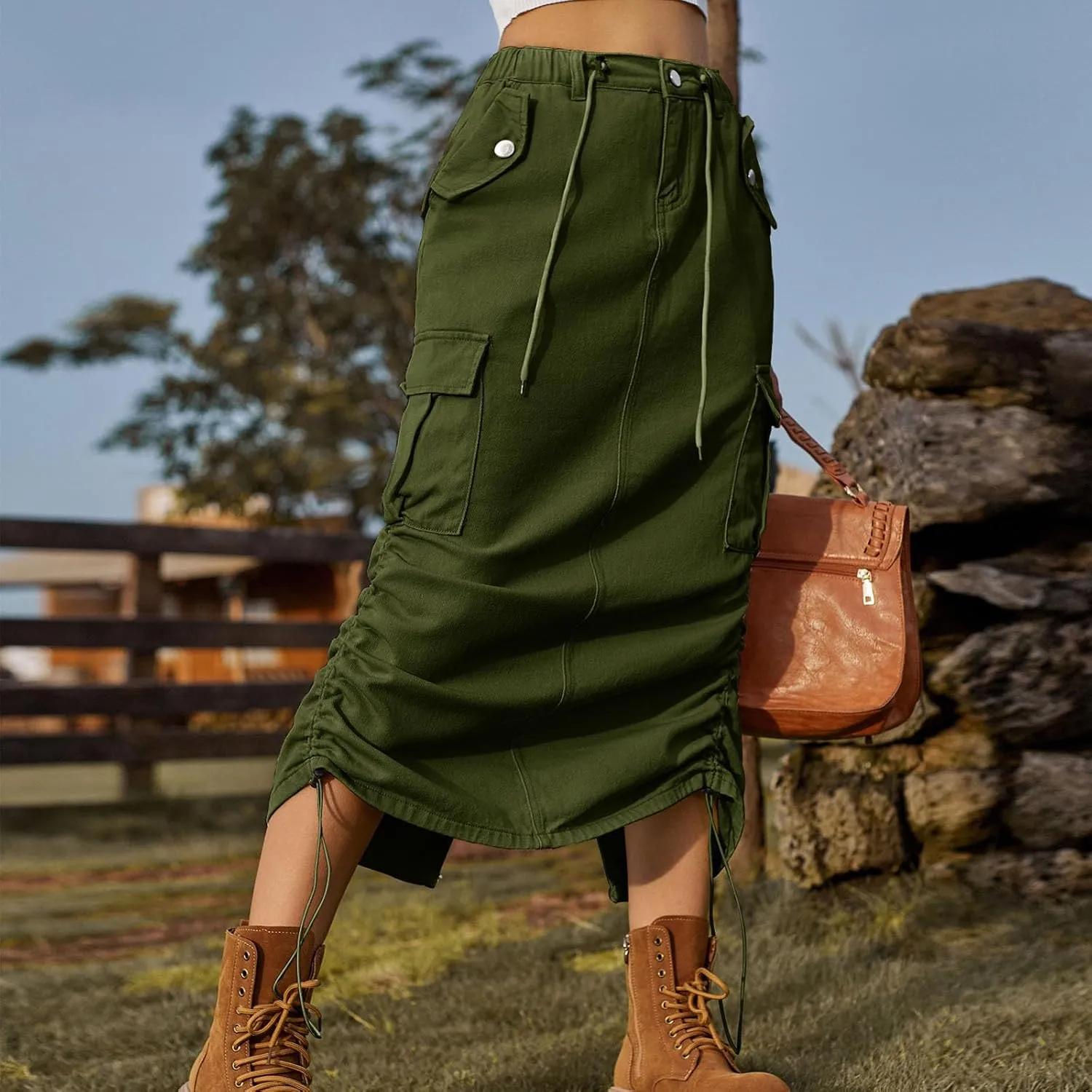 Women's Long Denim Skirt High Waist Split Jean Adjustable Drawstring A-Line Midi Y2K Cargo Skirt with Flap Pockets