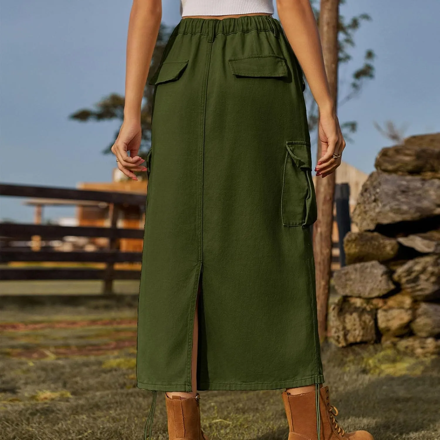 Women's Long Denim Skirt High Waist Split Jean Adjustable Drawstring A-Line Midi Y2K Cargo Skirt with Flap Pockets