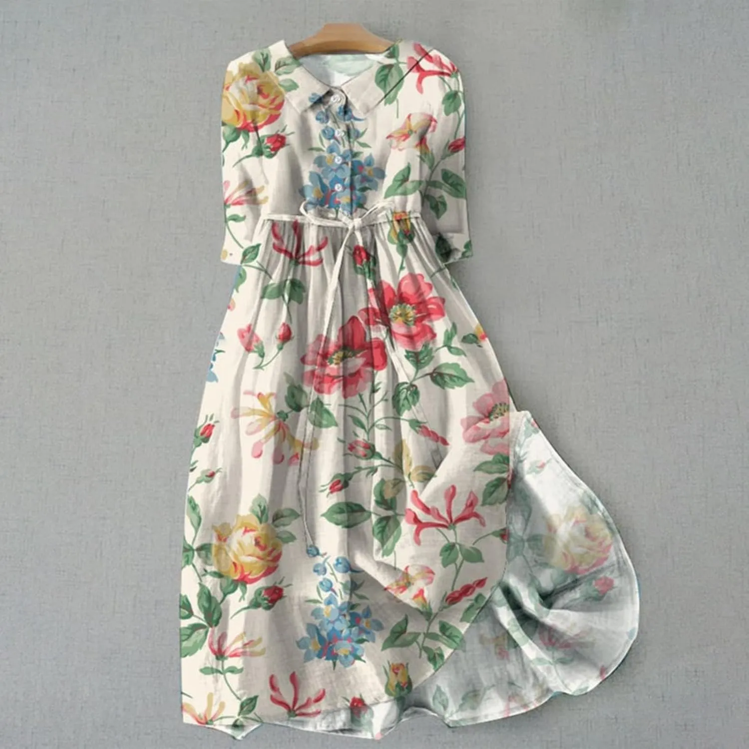 Women's Loose Cotton Linen Pleated Dress 3/4 Sleeve Tie Waist Floral Round Neck Lapel Button Midi Dress Flowy