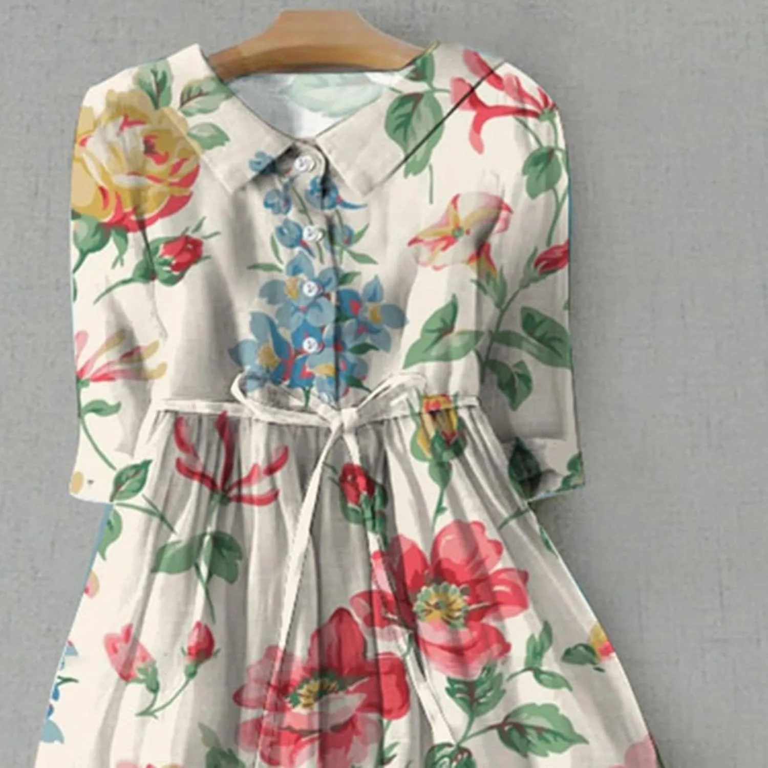 Women's Loose Cotton Linen Pleated Dress 3/4 Sleeve Tie Waist Floral Round Neck Lapel Button Midi Dress Flowy