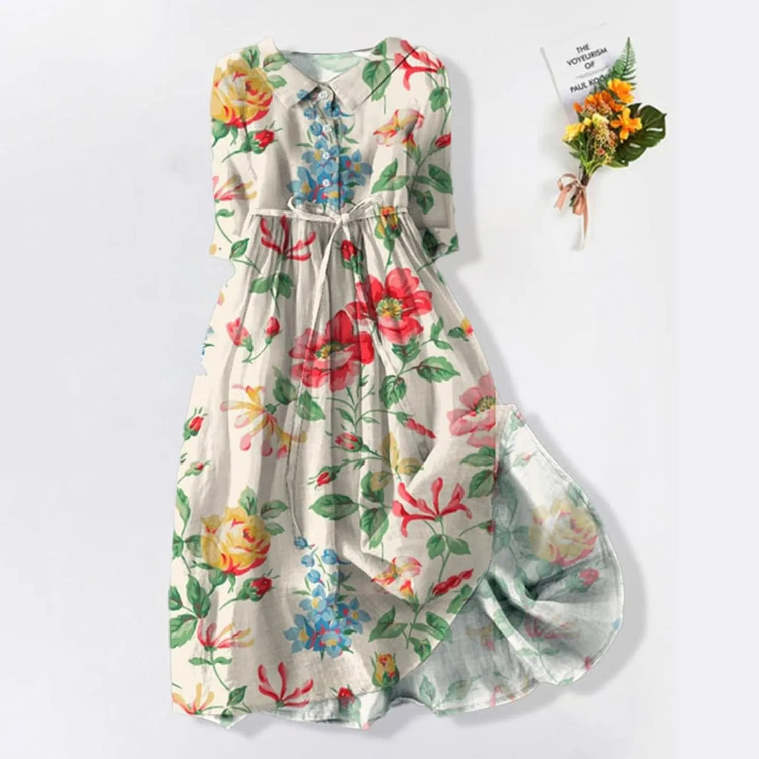 Women's Loose Cotton Linen Pleated Dress 3/4 Sleeve Tie Waist Floral Round Neck Lapel Button Midi Dress Flowy