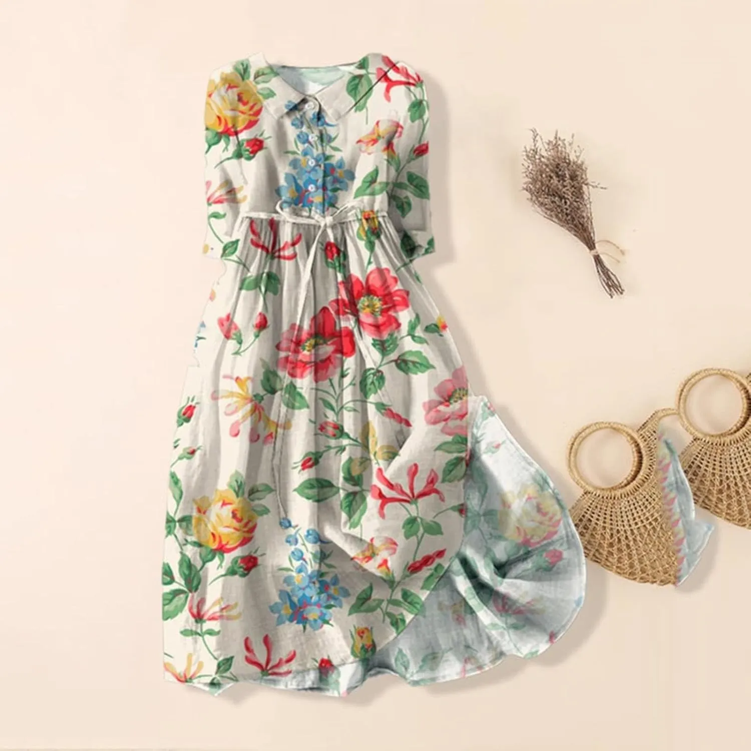 Women's Loose Cotton Linen Pleated Dress 3/4 Sleeve Tie Waist Floral Round Neck Lapel Button Midi Dress Flowy