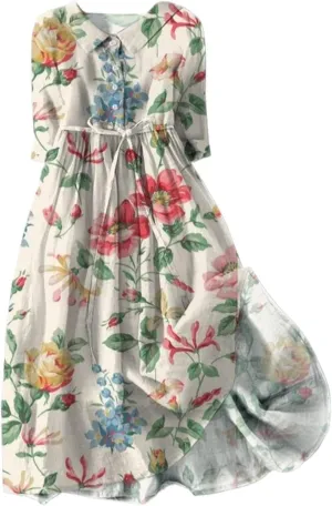 Women's Loose Cotton Linen Pleated Dress 3/4 Sleeve Tie Waist Floral Round Neck Lapel Button Midi Dress Flowy