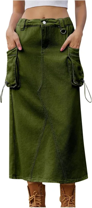 Women's Military Denim Skirt Casual Elastic High Waist Split Midi Bodycon Cargo Jean Skirt with Side Two Pockets