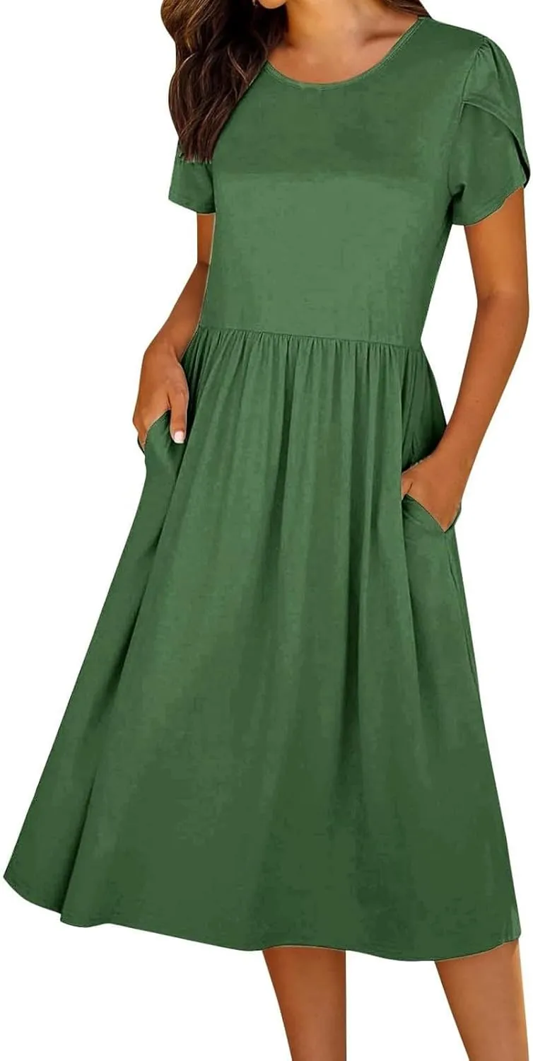 Womens Mini Dress Crewneck Short Sleeve T-Shirt Dresses Summer Casual Tunic Pleated Aline Swing Dress with Pockets