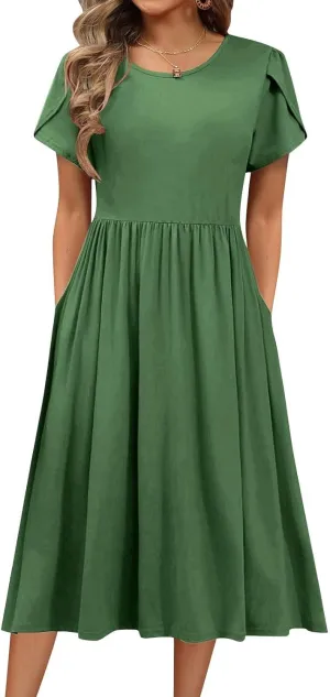 Womens Mini Dress Crewneck Short Sleeve T-Shirt Dresses Summer Casual Tunic Pleated Aline Swing Dress with Pockets