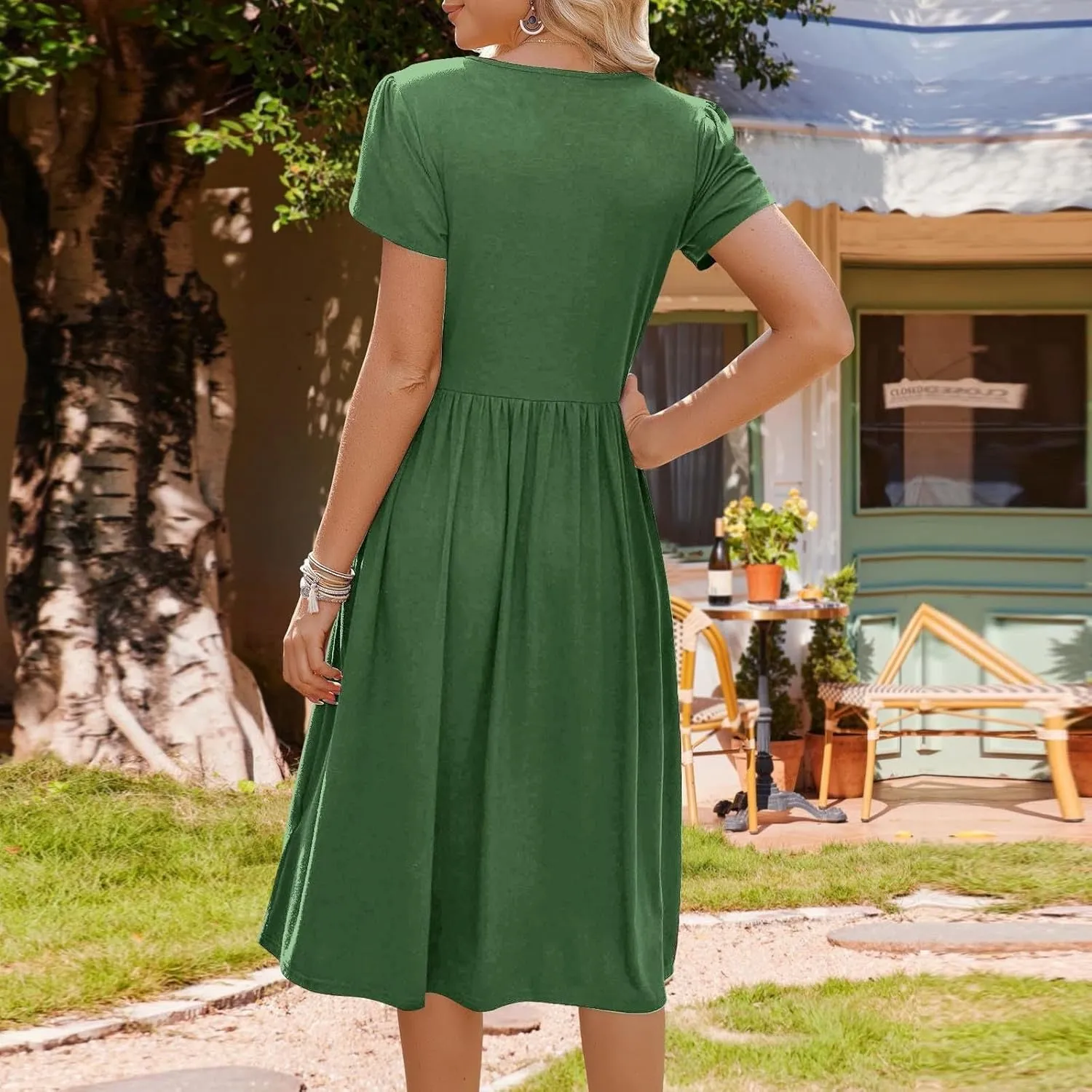 Womens Mini Dress Crewneck Short Sleeve T-Shirt Dresses Summer Casual Tunic Pleated Aline Swing Dress with Pockets