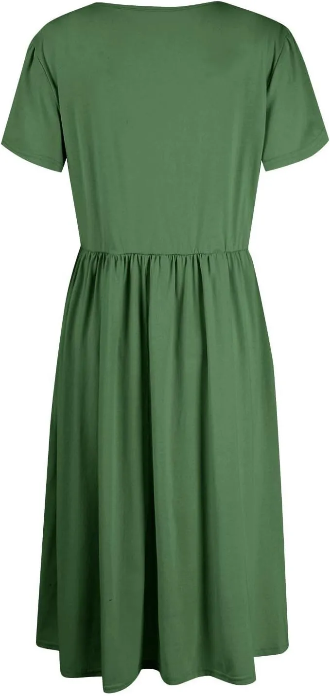 Womens Mini Dress Crewneck Short Sleeve T-Shirt Dresses Summer Casual Tunic Pleated Aline Swing Dress with Pockets