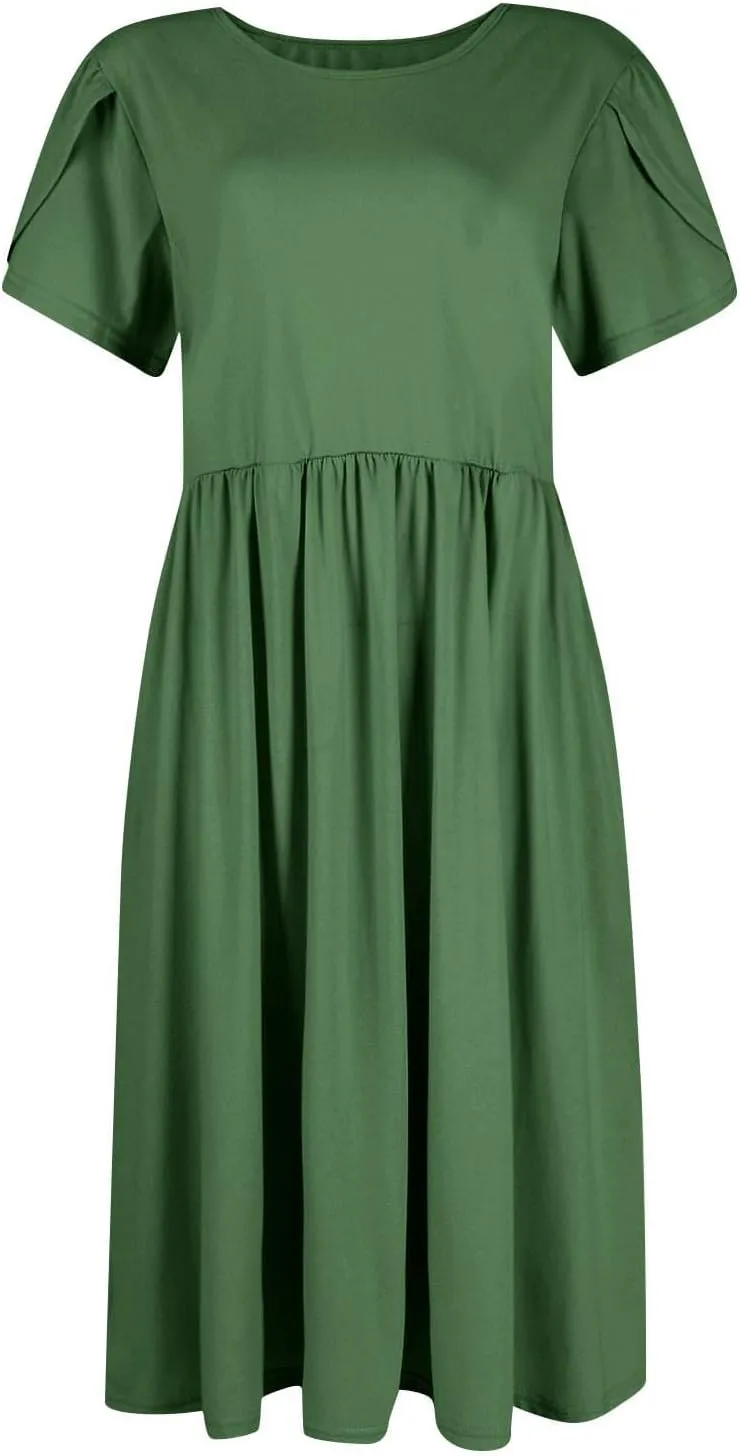 Womens Mini Dress Crewneck Short Sleeve T-Shirt Dresses Summer Casual Tunic Pleated Aline Swing Dress with Pockets