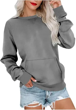 Women's No Hood Sweatshirt with Pocket Crewneck Pullover Shirts Casual Cute Fall Tops Solid Loose Fit Active Sweater T Shirt