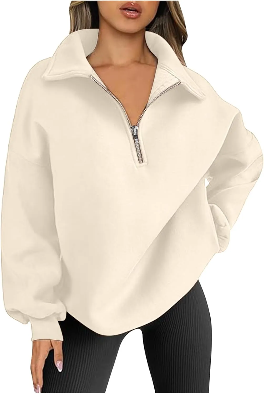 Women's Oversized Quarter Half Zip Hoodies Sweatshirt,2024 Winter V Neck Long Sleeve Pullover Tunic Trendy Clothes