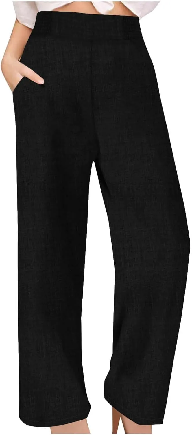 Womens Petite Wide Leg Pants Casual Summer Dress Pant High Waist Straight Trousers Joggers Slacks Outfits with Pockets