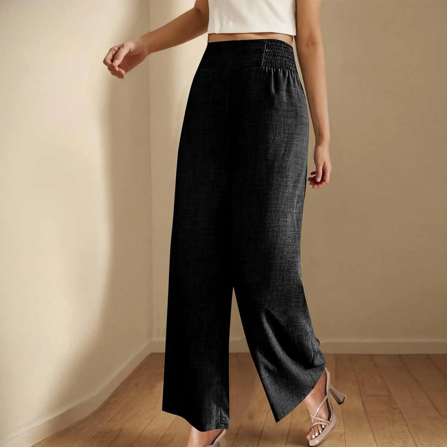 Womens Petite Wide Leg Pants Casual Summer Dress Pant High Waist Straight Trousers Joggers Slacks Outfits with Pockets
