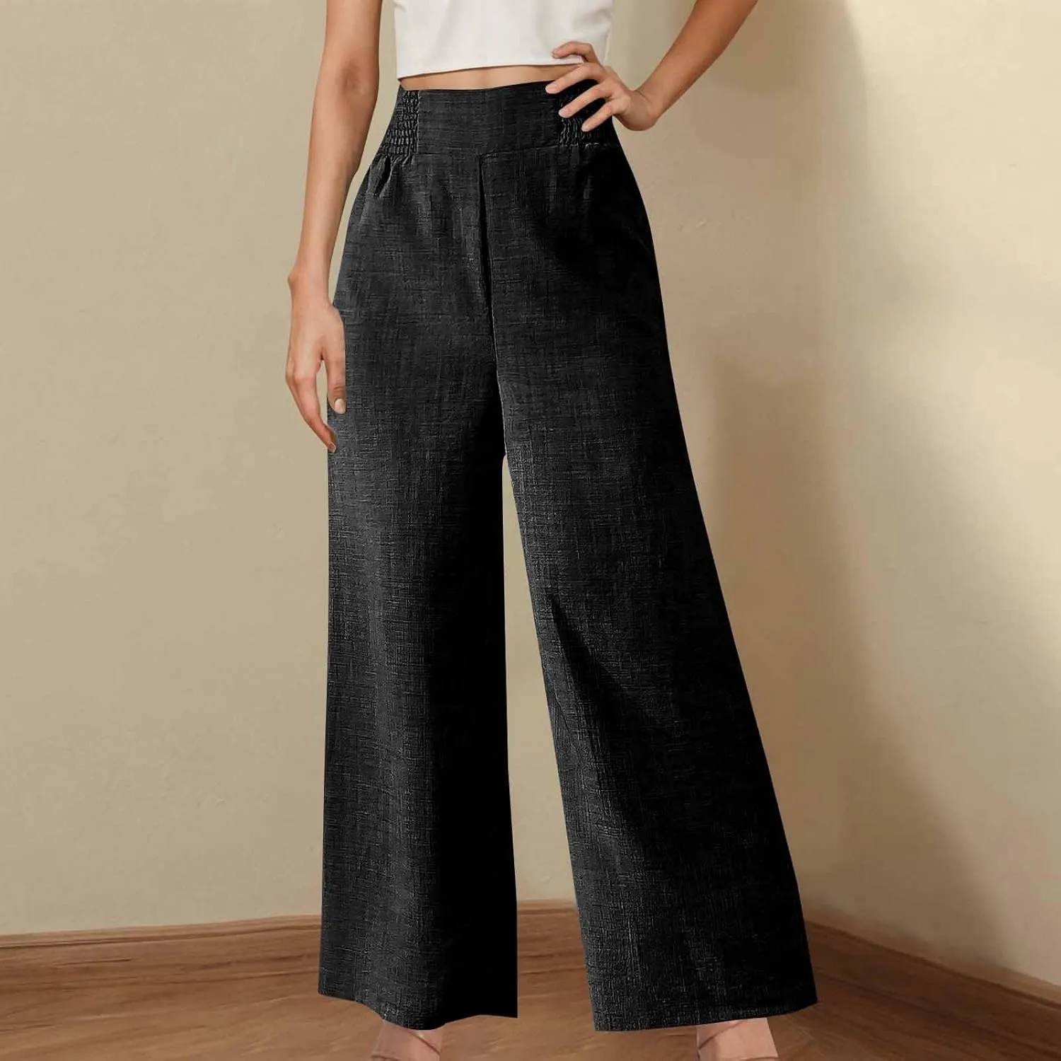 Womens Petite Wide Leg Pants Casual Summer Dress Pant High Waist Straight Trousers Joggers Slacks Outfits with Pockets