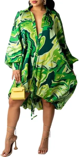 Womens Plus Size Lantern Dresses Button Down Long Sleeve Floral Drawstring Hem Midi Dress Casual