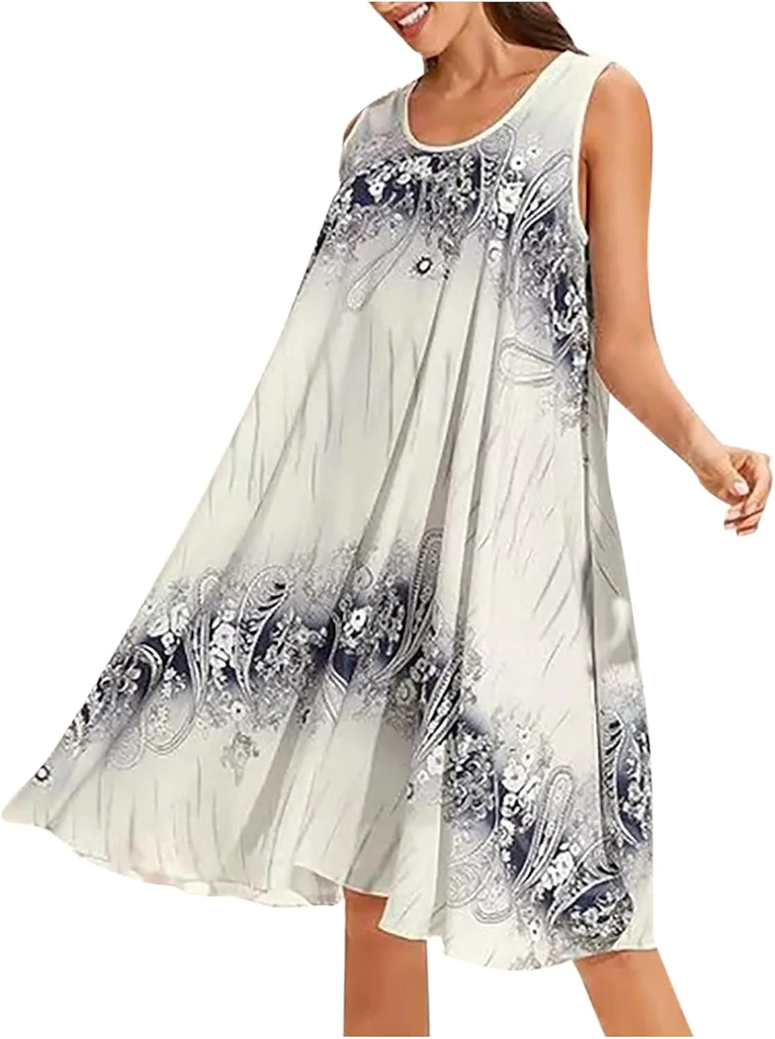 Women's Plus Size Sleeveless Summer Sundresses Swing Floral Swing Casual Midi Dress Beach Loose Flutter Sundress