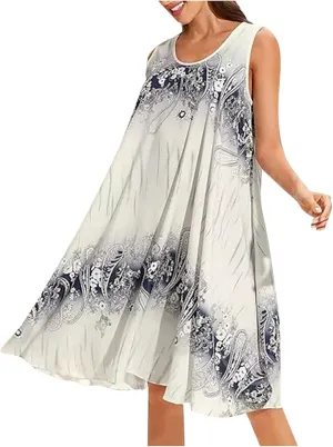 Women's Plus Size Sleeveless Summer Sundresses Swing Floral Swing Casual Midi Dress Beach Loose Flutter Sundress