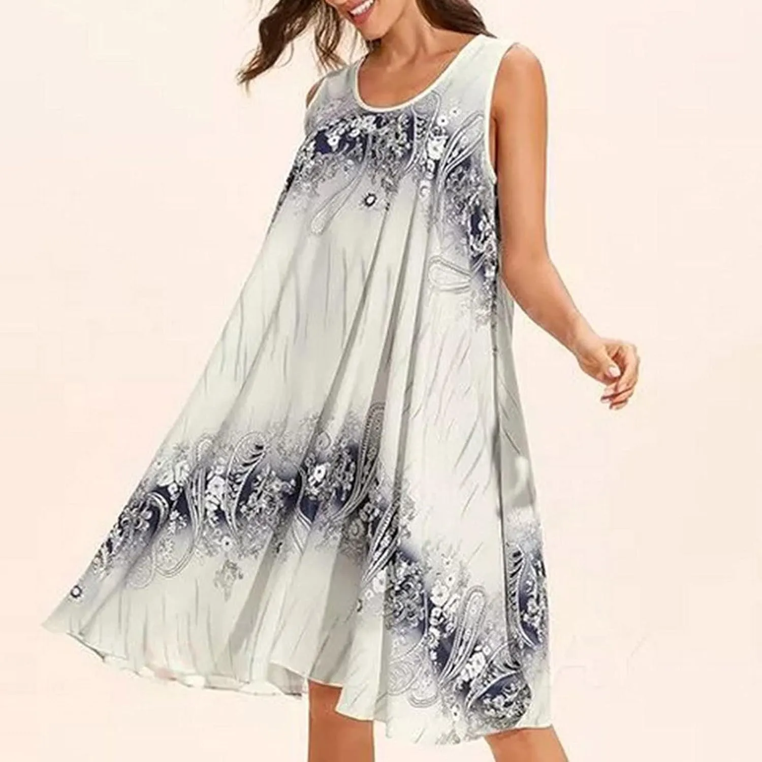 Women's Plus Size Sleeveless Summer Sundresses Swing Floral Swing Casual Midi Dress Beach Loose Flutter Sundress