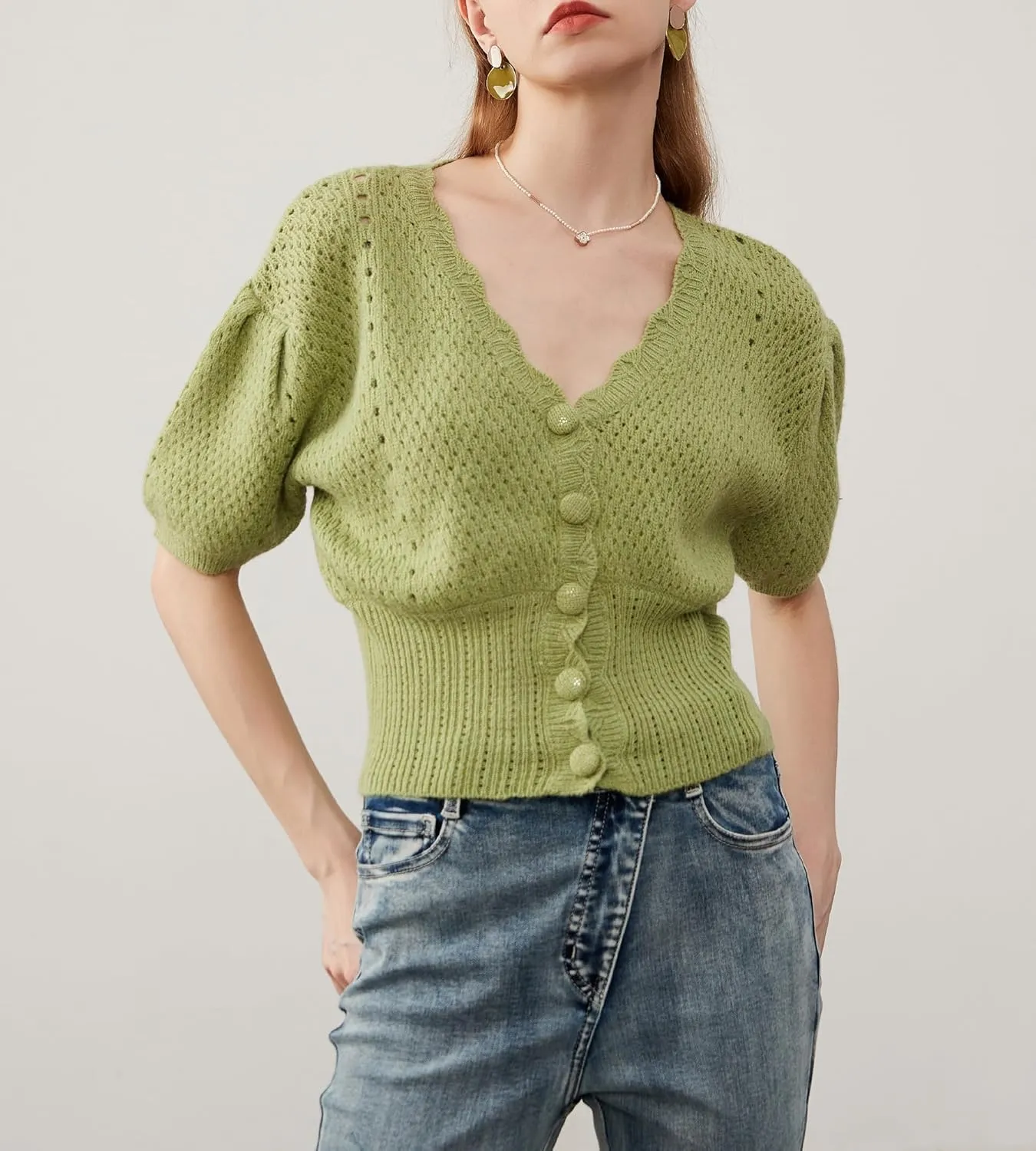 Women's Puff Short Sleeve Sweater V-Neck Button Knit Tops Crochet Soft Knitwear