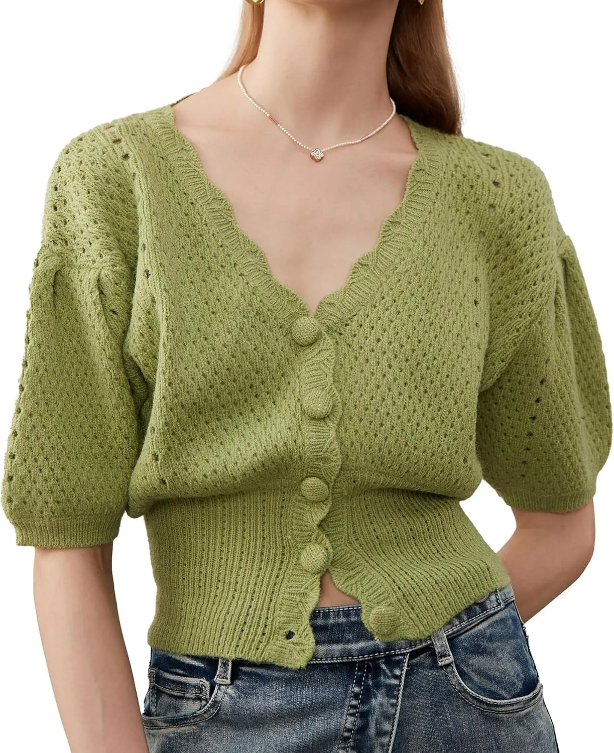 Women's Puff Short Sleeve Sweater V-Neck Button Knit Tops Crochet Soft Knitwear