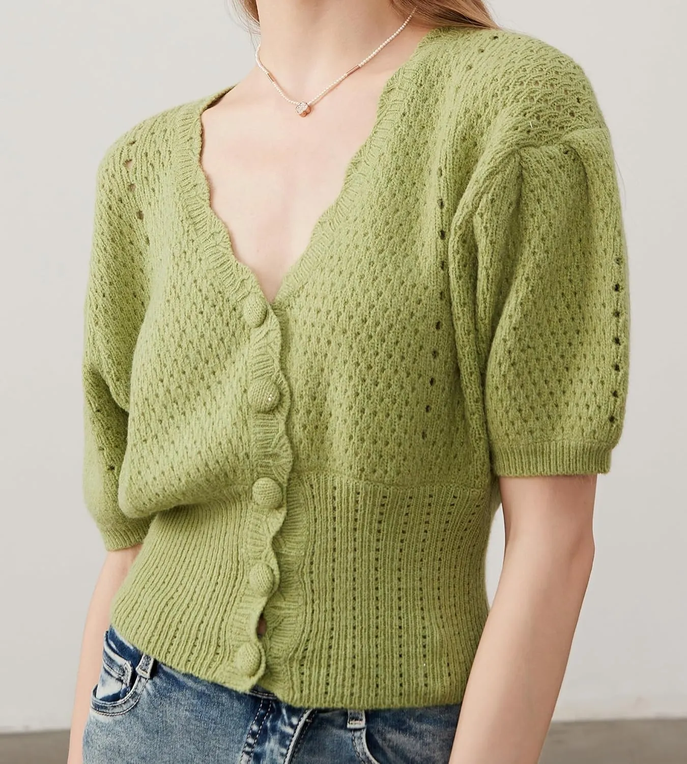 Women's Puff Short Sleeve Sweater V-Neck Button Knit Tops Crochet Soft Knitwear