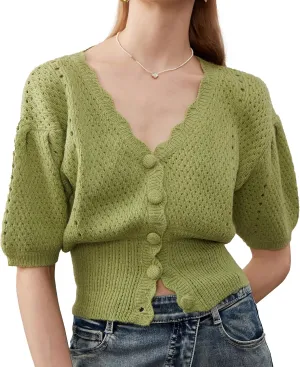 Women's Puff Short Sleeve Sweater V-Neck Button Knit Tops Crochet Soft Knitwear