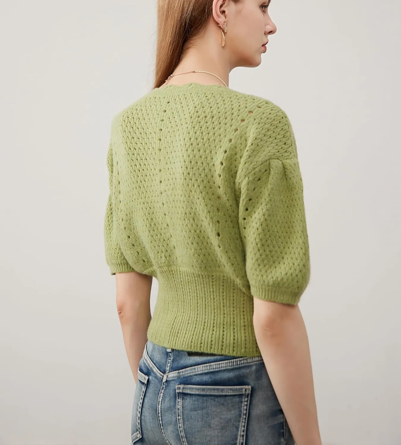 Women's Puff Short Sleeve Sweater V-Neck Button Knit Tops Crochet Soft Knitwear