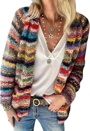 Women's Rainbow Cardigan Sweater,Multi-Colored Striped Front Open Autumn Winter Knitted Sweater Oversize Cardigan Cover