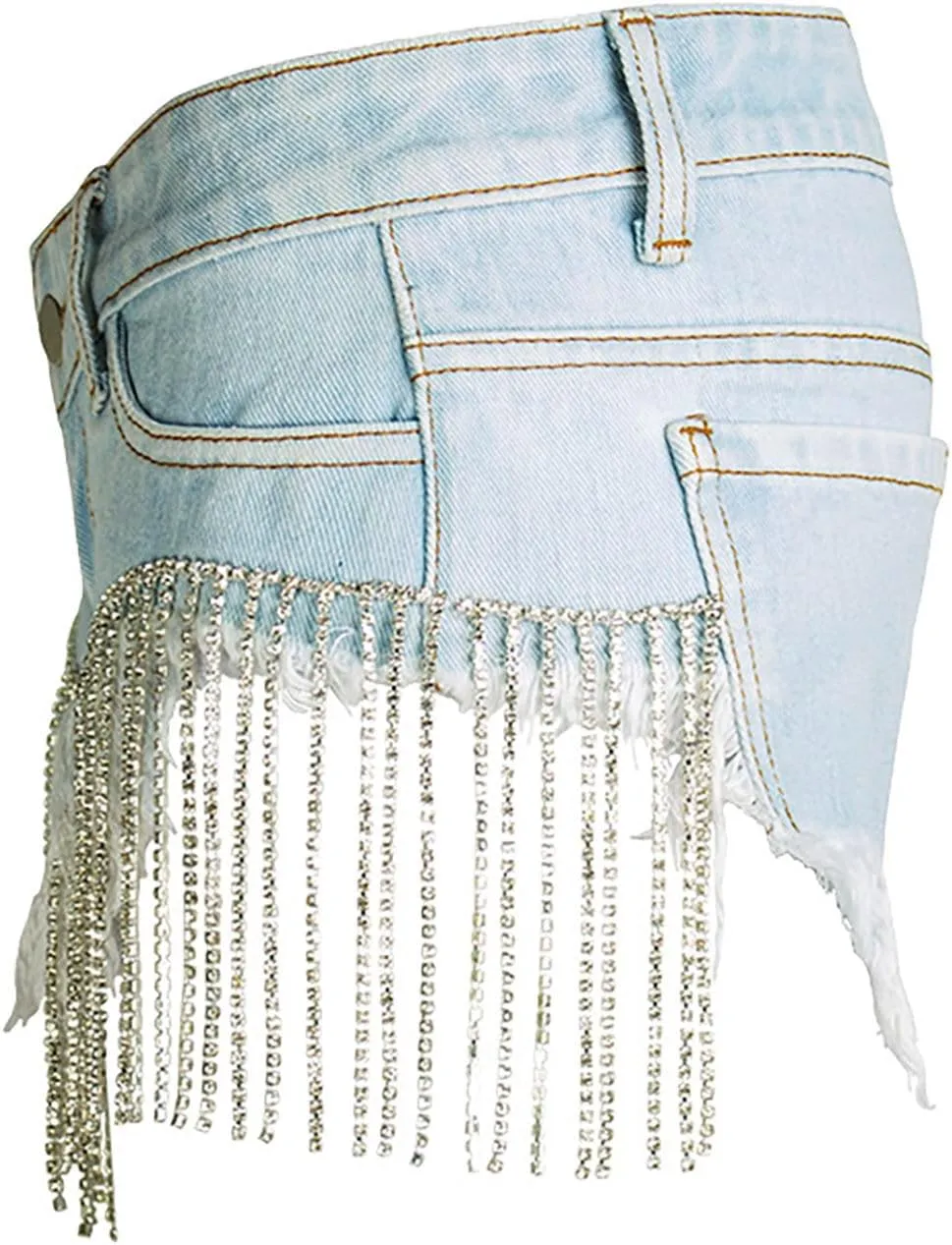Womens Rhinestone Tassel Jean Denim Shorts Diamond Ripped High Waist Blue Jean Summer Shorts Denim Short Hot Pants