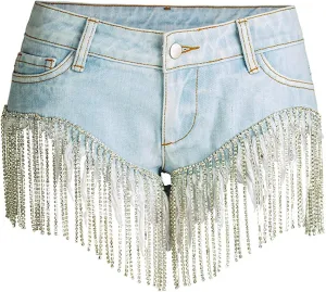Womens Rhinestone Tassel Jean Denim Shorts Diamond Ripped High Waist Blue Jean Summer Shorts Denim Short Hot Pants