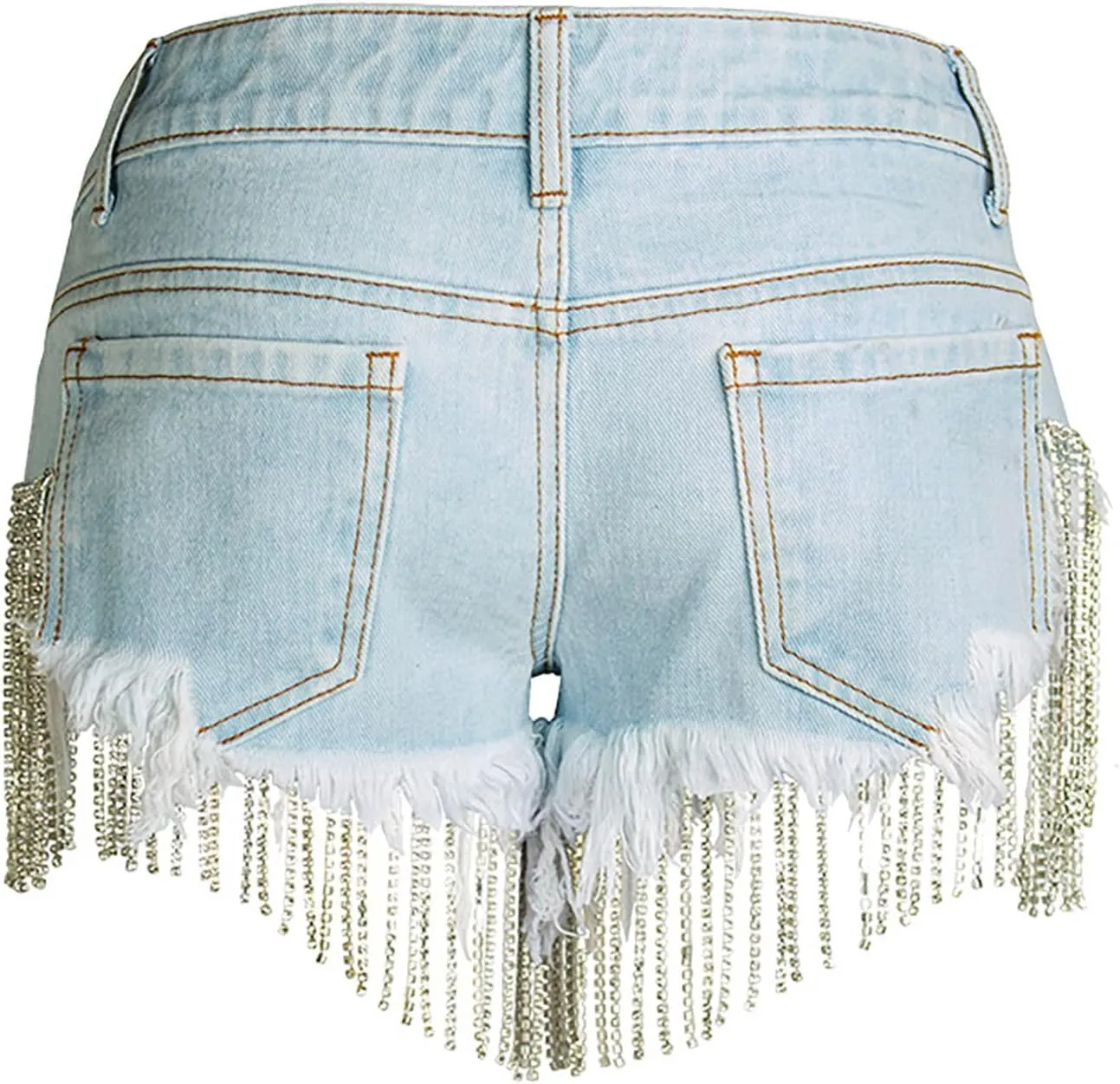 Womens Rhinestone Tassel Jean Denim Shorts Diamond Ripped High Waist Blue Jean Summer Shorts Denim Short Hot Pants