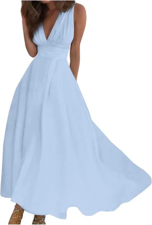 Women's Sleeveless Deep V Neck Floral Print Maxi Dresses Pleated High Waist Party Evening Long Dress