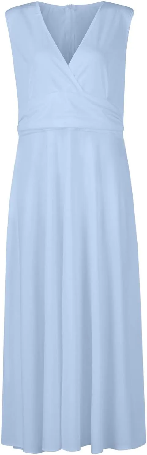 Women's Sleeveless Deep V Neck Floral Print Maxi Dresses Pleated High Waist Party Evening Long Dress