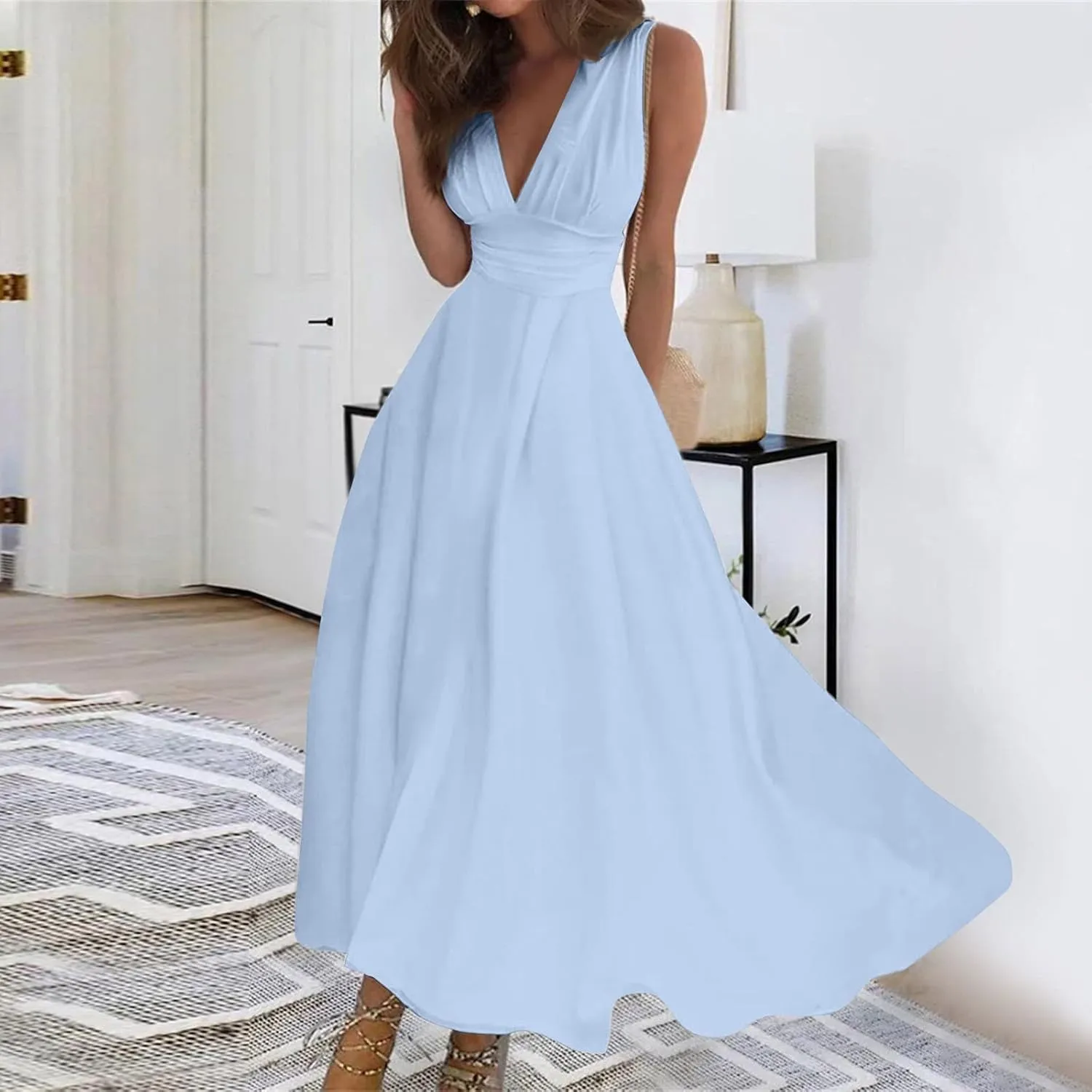 Women's Sleeveless Deep V Neck Floral Print Maxi Dresses Pleated High Waist Party Evening Long Dress