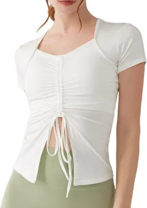 Women's Slim-Fit Yoga T-Shirt Quick-Dry Running Top,Breathable Gym Shirt with Drawstring Hem and Split Sides