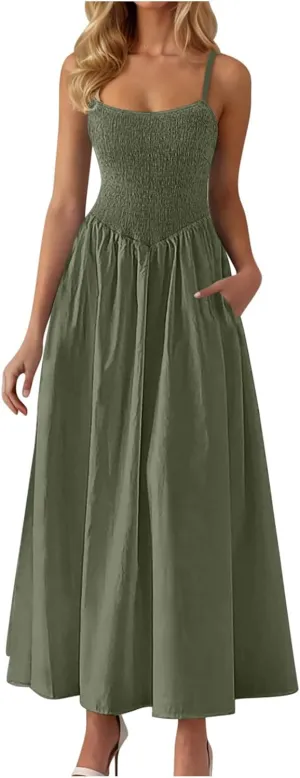 Womens Smocked Maxi Dresses 2025 Summer Trendy Beach Sundress Casual Spaghetti Strap Swing Flowy A Line Long Dress