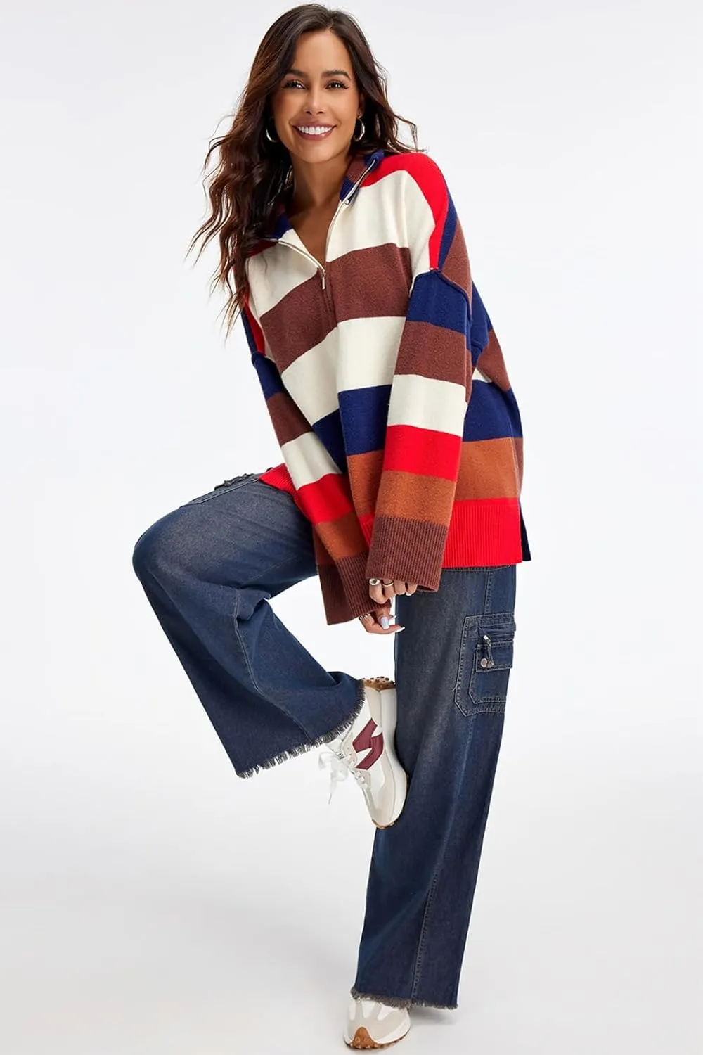 Womens Striped Oversized Sweaters Trendy Quarter Zip Long Sleeve Loose Knit Pullover Fall Color Block Casual Tops
