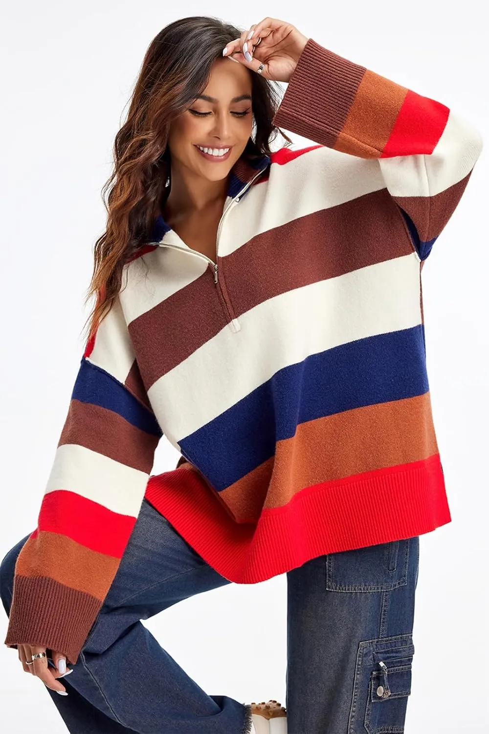 Womens Striped Oversized Sweaters Trendy Quarter Zip Long Sleeve Loose Knit Pullover Fall Color Block Casual Tops