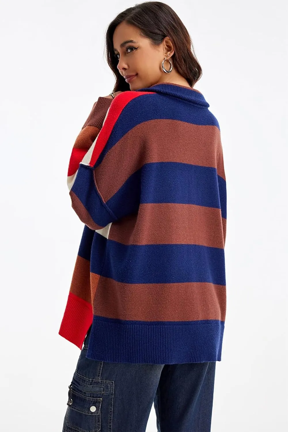 Womens Striped Oversized Sweaters Trendy Quarter Zip Long Sleeve Loose Knit Pullover Fall Color Block Casual Tops